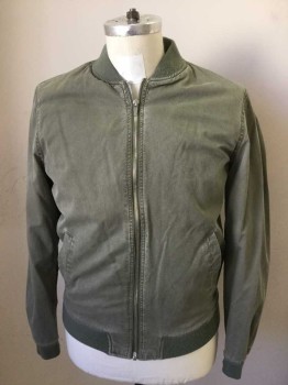 ZARA, Olive Green, Cotton, Solid, Zip Front, Long Sleeves, 2 Pockets, Members Only Style Jacket, Ribbed Knit Collar/Cuff/Waistband