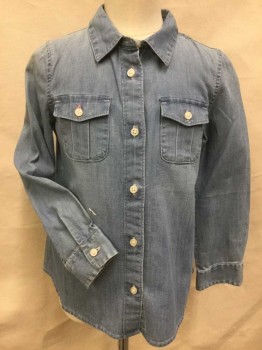 Childrens, Blouse, CREW CUTS, Lt Blue, Cotton, Heathered, 7, Light Weight, Light Blue Denim, Collar Attached, Button Front, 2 Pockets W/flap, Long Sleeves,