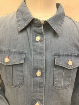 Childrens, Blouse, CREW CUTS, Lt Blue, Cotton, Heathered, 7, Light Weight, Light Blue Denim, Collar Attached, Button Front, 2 Pockets W/flap, Long Sleeves,