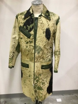 FOX9191, Green, Lt Yellow, Black, Leather, Fur, Abstract , Zip Front, 3 Pockets, Collar Attached, Splotchy Fur Print