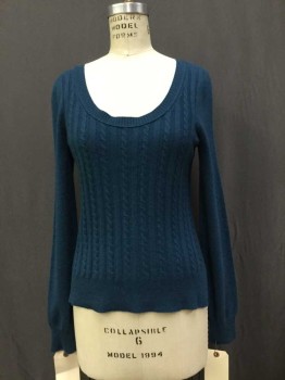 AQUA, Teal Blue, Cashmere, Scoop Neck, Cable Knit, Long Sleeves, Charchoal Elbow Patches