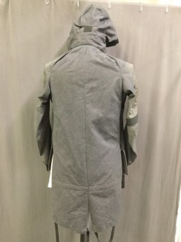 Mens, Jacket, MTO, Gray, Black, Dusty Purple, Cotton, Spandex, Mottled, 38, Hooded, Zip Front, Side Zip Slits to Armpits, Pouch Pockets Front, Post Apocalyptic Tailcoat, Extended Front Panel Zip Pockets with Elastic Straps and Snaps, Draped Sleeves, Rib Knit Collar and Cuffs, Removable Hood, So Many Details, Lots of Fun for Sci-fi Toddlers at Boring Dinner Parties
