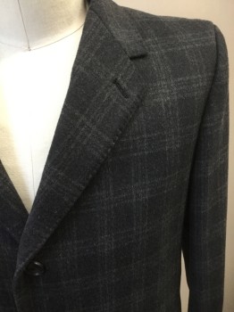 Mens, Coat, Overcoat, PRONTO UOMO, Navy Blue, Gray, Wool, Polyester, Plaid-  Windowpane, 40R, Single Breasted, 3 Buttons,