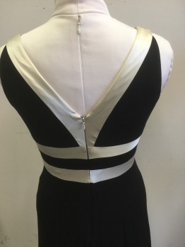 KAY UNGER, Black, Beige, Acetate, Spandex, Solid, V-neck Front and Back  with Champagne Satin Inset at Chest and Waist , Criss Cross Pattern, Sleeveless, Back Zipper, Train