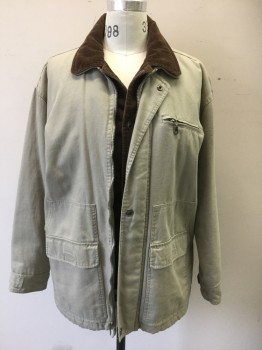 Mens, Barn/Field Jacket, FADED GLORY, Beige, Brown, Cotton, Solid, M, Beige Canvas/Cotton Duck, Brown Corduroy Collar Attached and Panel at Front, Multiple Layers of Snap and Zip Closures, 3 Pockets, Dark Brown Quilted Nylon Lining