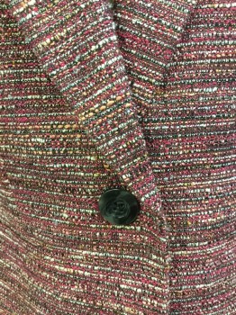 ANNE KLEIN, Red, Black, Silver, Peach Orange, Off White, Polyester, Acrylic, Tweed, Stripes - Horizontal , Red/black/silver/peach Orange/off White Tweed Horizontal Stripes, SolidSalmon Lining, Notched Lapel, Single Breasted, 1 Button Front, Long Sleeves, 2 Pockets