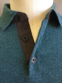 NEIMAN MARCUS, Teal Blue, Cashmere, Solid, Polo Style, Collar Attached, 3 Button Neck, Long Sleeves,