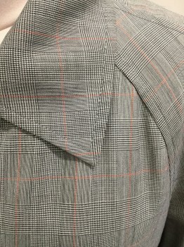 PRADA, Black, White, Gray, Red, Wool, Plaid, Black and White Plaid with Red Windowpane, Double Breasted, Wide Collar Attached, Raglan Long Sleeves, Button Tab Sleeve Cuffs, 2 Pockets, Self Belt