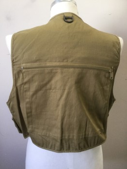 Mens, Wilderness Vest, TEXSPORT, Khaki Brown, Cotton, Solid, L, Fishing Vest, Zip Front, Multiple Pockets Both Zip and Cargo, 1 Large Pocket in Back, White Fleece Patch on Front