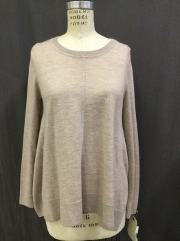 TAHARI, Tan Brown, Wool, Heathered, Round Neck, Trapeze Shape, Side Slits, Nice and Soft, Mature Woman Cat