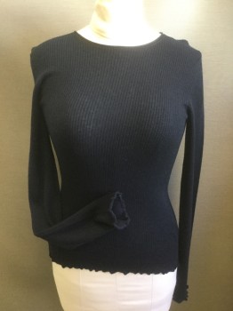 VINCE, Navy Blue, Cashmere, Solid, Rib Knit, Lettuce Leaf Edge at Cuff and Hem, Crew Neck,
