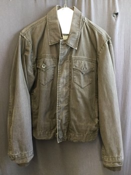 LEVI'S, Brown, Cotton, Solid, Faded Brown Denim, Zip and Snap Front, Collar Attached, W/ribbed Collar Inside, Flap Pockets