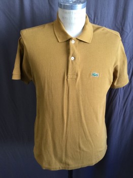 LACOSTE, Camel Brown, Cotton, Solid, Collar Attached, 2 Button Front, Short Sleeves,