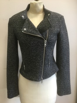 THEORY, Charcoal Gray, Black, Lt Gray, Cotton, Polyamide, Speckled, 2 Color Weave, Textured Fabric, Crossover Zip Front, Stand Collar, Lightly Padded Shoulders, 2 Zip Pockets, Solid Black Lining