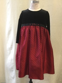 Childrens, Party Dress, C'.C. Couture, Black, Red, Acrylic, Polyester, Solid, Polka Dots, Black Velvet Bodice with Long Sleeves, Black Chiffon Ribbon with Red Beaded Flowers. Red with Black Polka dots Skirt, Chiffon Ribbon Ties.