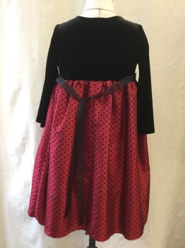 Childrens, Party Dress, C'.C. Couture, Black, Red, Acrylic, Polyester, Solid, Polka Dots, Black Velvet Bodice with Long Sleeves, Black Chiffon Ribbon with Red Beaded Flowers. Red with Black Polka dots Skirt, Chiffon Ribbon Ties.