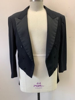 Mens, Tailcoat 1890s-1910s, FOX444, Black, Wool, 46L, Satin Peaked Lapel, Double Breasted, 6 Fabric Covered Buttons, Open Front