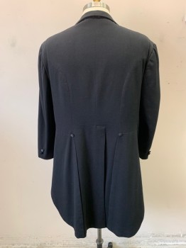Mens, Tailcoat 1890s-1910s, FOX444, Black, Wool, 46L, Satin Peaked Lapel, Double Breasted, 6 Fabric Covered Buttons, Open Front