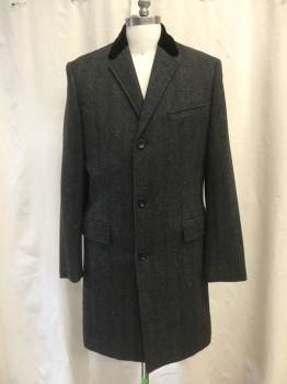 J CREW, Black, Gray, Wool, Herringbone, Single Breasted, Solid Black Velvet Collar Attached, Notched Lapel, 3 Pockets, Long Sleeves, Above Knee