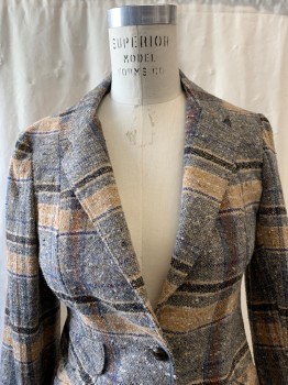 Womens, Blazer, PEERLESS, Beige, Navy Blue, Beige, French Blue, Black, Wool, Tweed, Plaid, B:34, Notched Lapel, Single Breasted, 2 Buttons, 3 Pockets