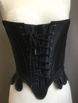 N/L MTO, Black, Silk, Solid, Boned, Grommets with Laces in Front and Back, Strapless, Tabs at Waist with Point at Center Front, Made To Order Historical Reproduction