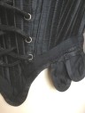 N/L MTO, Black, Silk, Solid, Boned, Grommets with Laces in Front and Back, Strapless, Tabs at Waist with Point at Center Front, Made To Order Historical Reproduction