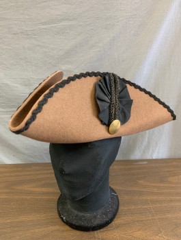 Mens, Historical Fiction Hat , N/L MTO, Lt Brown, Black, Wool, Solid, 7 1/8, Felt with Black Corded Trim at Edges, Black Faille Rosette with Black and Gold Gimp Ribbon and Gold Button at Side, Ecru Linen Lining, Made To Order Reproduction
