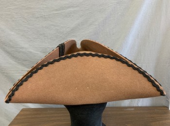 Mens, Historical Fiction Hat , N/L MTO, Lt Brown, Black, Wool, Solid, 7 1/8, Felt with Black Corded Trim at Edges, Black Faille Rosette with Black and Gold Gimp Ribbon and Gold Button at Side, Ecru Linen Lining, Made To Order Reproduction