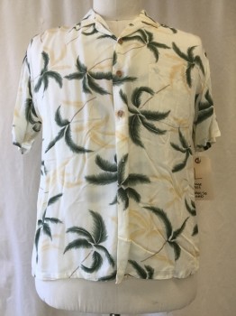 PARADISE FOUND, Ivory White, Peach Orange, Brown, Green, Rayon, Leaves/Vines , Open Collar Attached, Short Sleeves, 1 Pocket, Palm Tree Print, Wooden Buttons