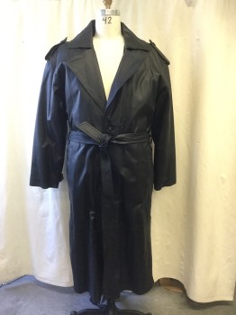 Mens, Coat, Leather, VADUCCI, Black, Leather, Solid, XL, 46, Single Breasted, Wide Collar Attached, Wide Notched Lapel,  Long Sleeves, Waist Seam, 2 Pockets, Epaulets, Self Belt, Belt Loops, Back Flap with Button Tab Belt Loops, Button Tabs at Cuffs, Zip Removable Fleece Lining