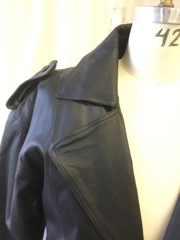 Mens, Coat, Leather, VADUCCI, Black, Leather, Solid, XL, 46, Single Breasted, Wide Collar Attached, Wide Notched Lapel,  Long Sleeves, Waist Seam, 2 Pockets, Epaulets, Self Belt, Belt Loops, Back Flap with Button Tab Belt Loops, Button Tabs at Cuffs, Zip Removable Fleece Lining