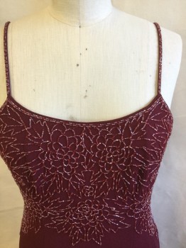 POLY, Wine Red, Polyester, Acetate, Solid, Dark Red Lining, Iridescent Dark Red Beads Flower Design Upper Top, Spaghetti Straps, Zip Back,