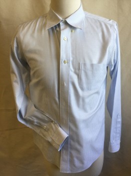 BROOKS BROTHERS, White, Baby Blue, Cotton, Stripes - Vertical , Collar Attached, Button Down, Button Front, 1 Pocket, Long Sleeves, Curved Hem
