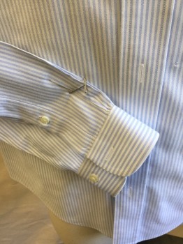 BROOKS BROTHERS, White, Baby Blue, Cotton, Stripes - Vertical , Collar Attached, Button Down, Button Front, 1 Pocket, Long Sleeves, Curved Hem