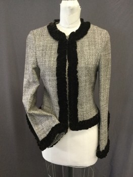 TORY BIRCH, White, Brown, Wool, Silk, Heathered, Heathered Brown and White Wool with Dark Chocolate Velvet Ruffled Trim at Crew Neck, Center Front, Cuffs and Waist. Brown with Yellow, White and Orange Geometric Silk Lining