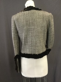 TORY BIRCH, White, Brown, Wool, Silk, Heathered, Heathered Brown and White Wool with Dark Chocolate Velvet Ruffled Trim at Crew Neck, Center Front, Cuffs and Waist. Brown with Yellow, White and Orange Geometric Silk Lining
