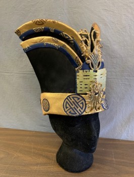 Unisex, Sci-Fi/Fantasy Headpiece, HARRY ROTZ, Black, Gold, Navy Blue, Silk, Buckram, Medallion Pattern, Solid, Solid Black with Gold and Navy Brocade Accents, 2 Layers of Curled Structures That Curve Out at Each Side, Gold Leaf Brooches and Cream Plastic Accent at Front, Asian Inspired, Made To Order