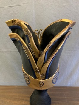 Unisex, Sci-Fi/Fantasy Headpiece, HARRY ROTZ, Black, Gold, Navy Blue, Silk, Buckram, Medallion Pattern, Solid, Solid Black with Gold and Navy Brocade Accents, 2 Layers of Curled Structures That Curve Out at Each Side, Gold Leaf Brooches and Cream Plastic Accent at Front, Asian Inspired, Made To Order