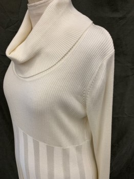CALVIN KLEIN, Off White, Acrylic, Solid, Scoop Turtleneck, Ribbed Knit Upper and Sleeves, Long Sleeves, Knit Striped Skirt, Hem Below Knee,