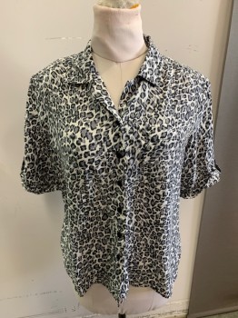 ANNA & FRANK, White, Midnight Blue, Steel Blue, Silk, Animal Print, Short Sleeves, Button Front, 6 Buttons, Chest Pocket, Cuffed Sleeves with Epaulets, Open Collar,