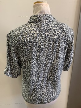 Womens, Shirt, ANNA & FRANK, White, Midnight Blue, Steel Blue, Silk, Animal Print, L, B38, Short Sleeves, Button Front, 6 Buttons, Chest Pocket, Cuffed Sleeves with Epaulets, Open Collar,