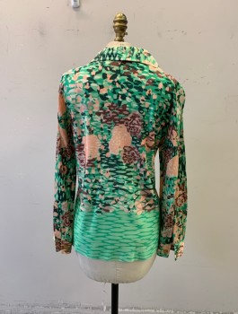 Womens, Blouse, NL, Lime Green, Peachy Pink, Red Burgundy, Forest Green, Polyester, Abstract , Floral, S, B.36, Collar Attached, Long Sleeves, Button Front, 5 Button, Abstract Floral Art