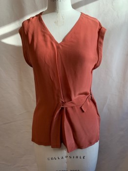 Womens, Top, ALL SAINTS, Rust Orange, Viscose, Silk, Solid, S, V-neck, Sleeveless, Folded Cuffs, Small Attached Belt at Left Side, Gun Metal Silver Double D Ring Buckle,