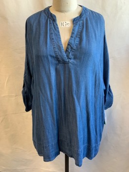 CALVIN KLEIN, Denim Blue, Lyocell, Solid, Tunic, Open Placket, Band Collar, Dolman 3/4 Sleeve with Button Tab for Roll Up