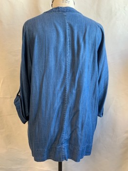CALVIN KLEIN, Denim Blue, Lyocell, Solid, Tunic, Open Placket, Band Collar, Dolman 3/4 Sleeve with Button Tab for Roll Up