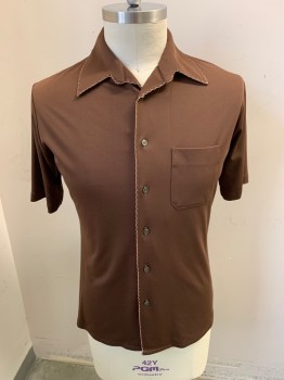 Mens, Casual Shirt, CAREER CLUB, Chestnut Brown, Polyester, Solid, L, Short Sleeves, Button Front, 6 Buttons, Chest Pocket, White/Tan Scallopped Top Stitch,