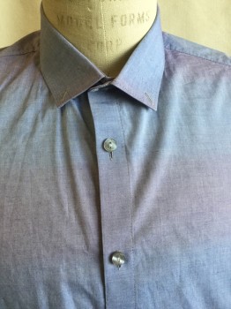 Mens, Casual Shirt, CALVIN KLEIN, Blue, Lavender Purple, Cotton, Heathered, Ombre, M, Heather Ombre Blue/lavender Horizontal Panel,  Collar Attached, Button Down, Button Front, Short Sleeves, Curved Hem