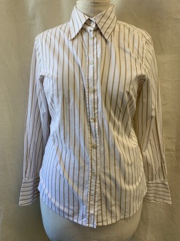 MARCO POLO, White, Khaki Brown, Cotton, Stripes - Vertical , Collar Attached, Button Front, Long Sleeves