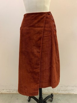 Womens, Skirt, Below Knee, TOAST, Rust Orange, Cotton, W: 26, Corduroy, Wrap Style, Button Side, Asymmetrical Hem
