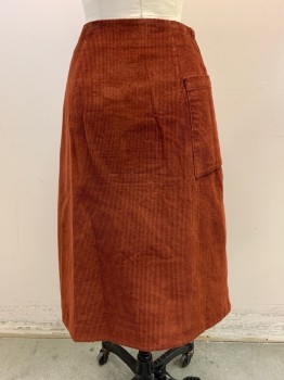 Womens, Skirt, Below Knee, TOAST, Rust Orange, Cotton, W: 26, Corduroy, Wrap Style, Button Side, Asymmetrical Hem